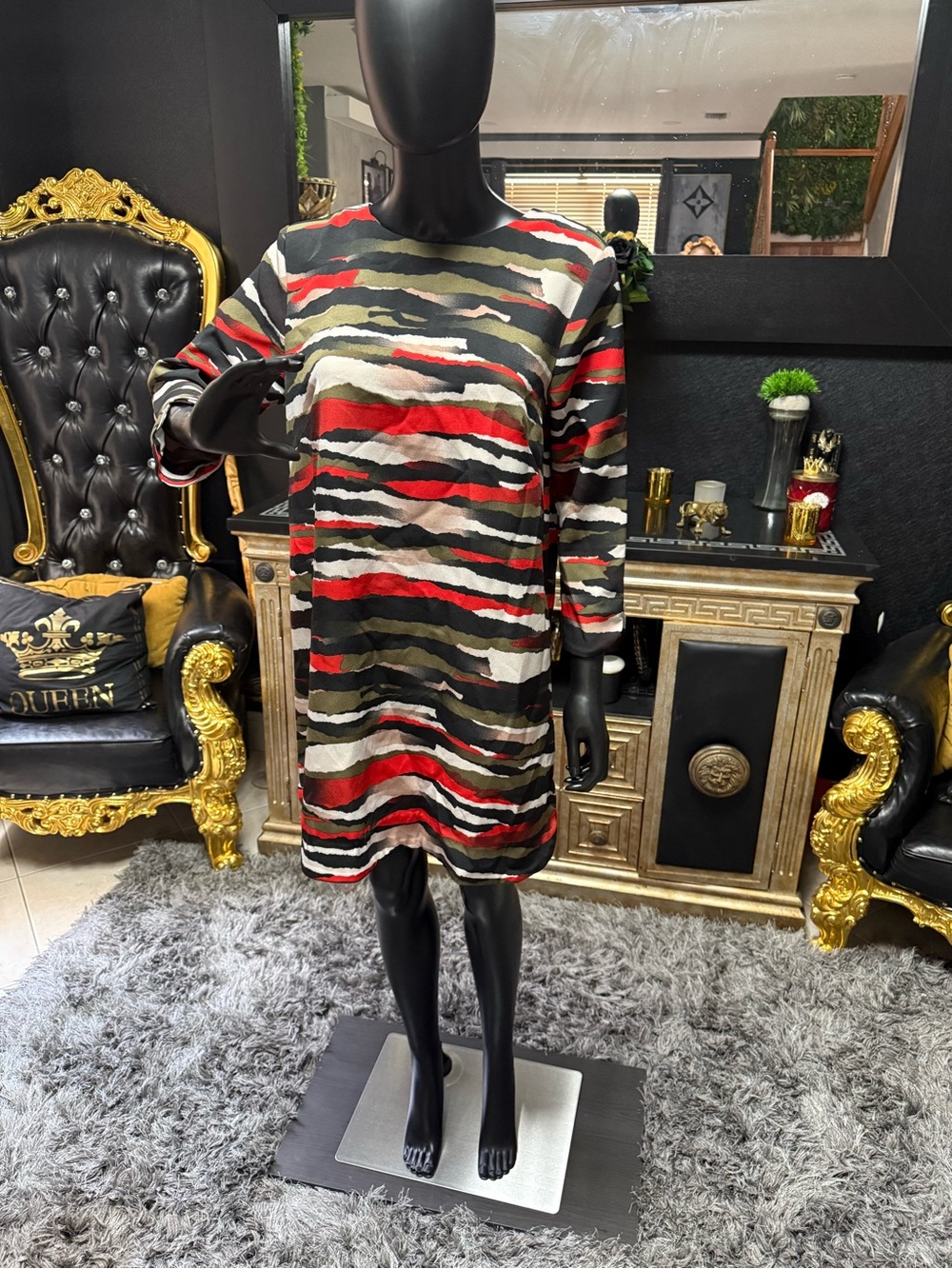 Striped Short Sleeve Shift Dress in Red, Black & Olive